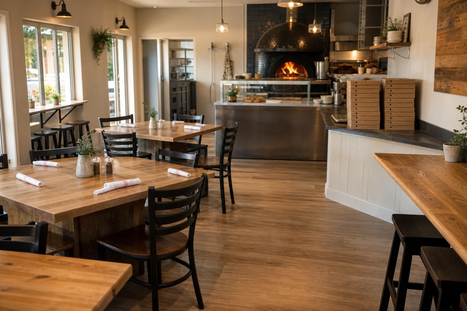 A bright casual pizzeria dining room with a wood fire oven