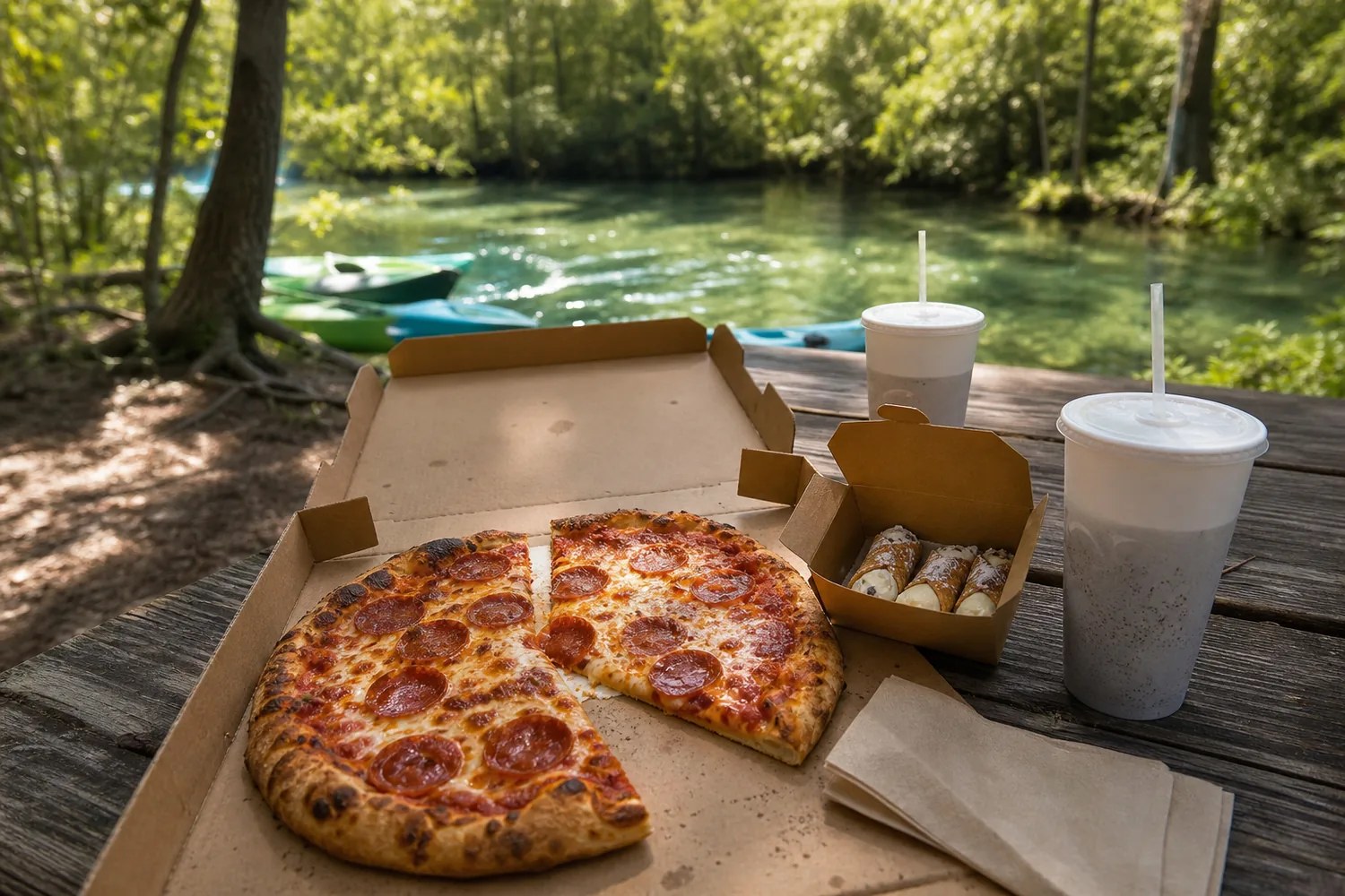 Takeout pizza and cannoli near a leafy Florida spring
